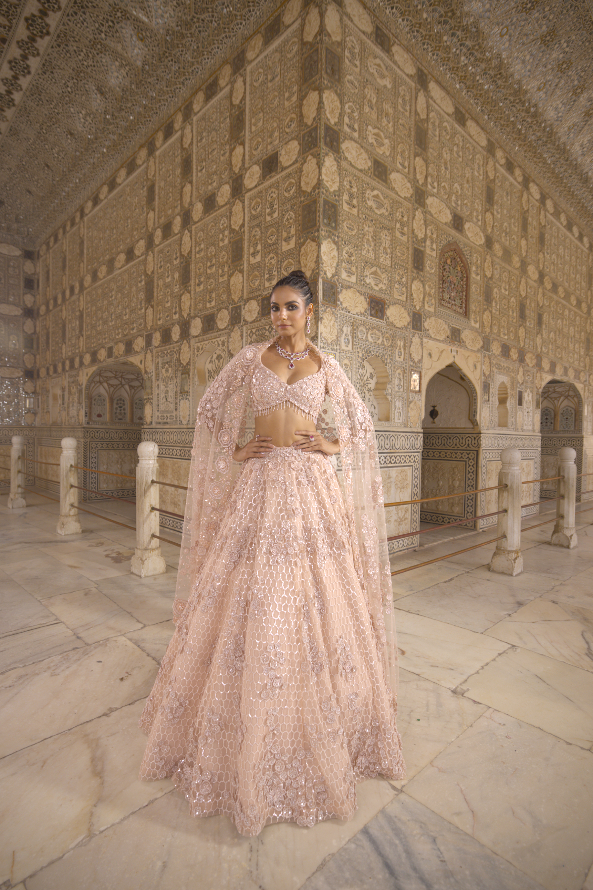 Buy Kaira Salmon Hand Embroidered Lehenga | Rouje