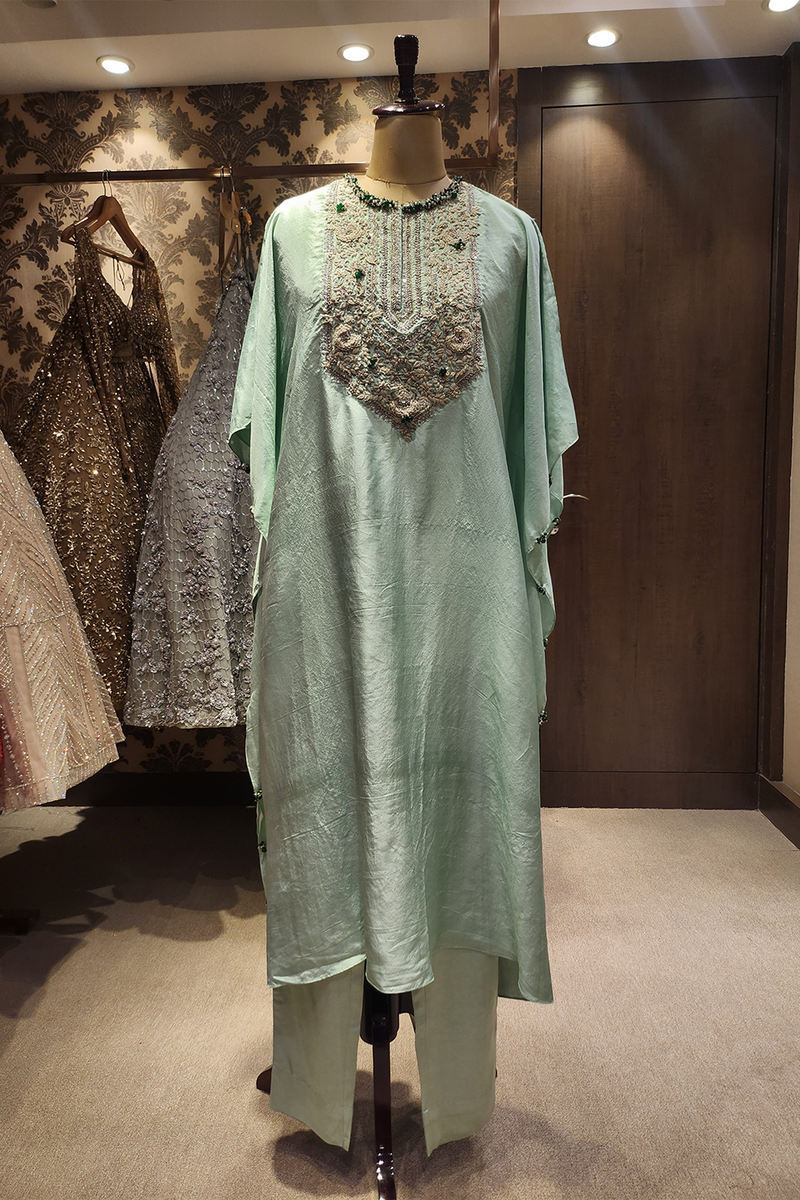 Sea green kaftan with pants set