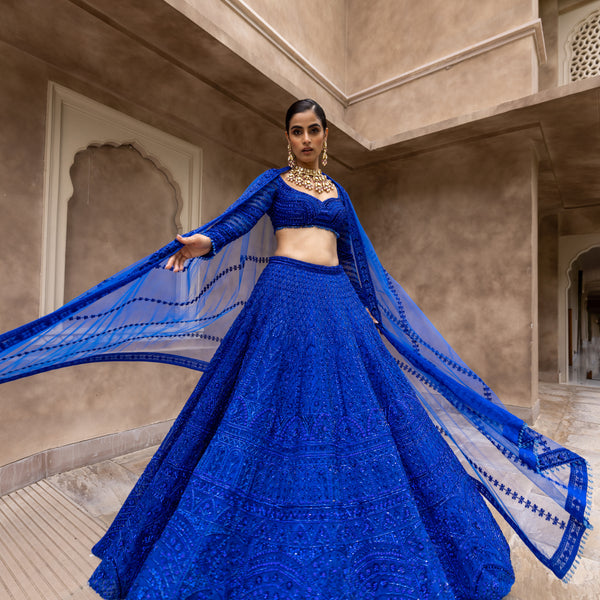 Electric Blue Gold Papa Don't Preach Lehenga | Stunning outfits, Groom  outfit, New lehenga