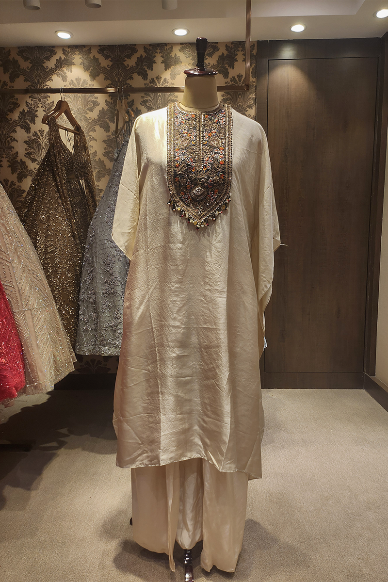Cream kaftan with draped dhoti set