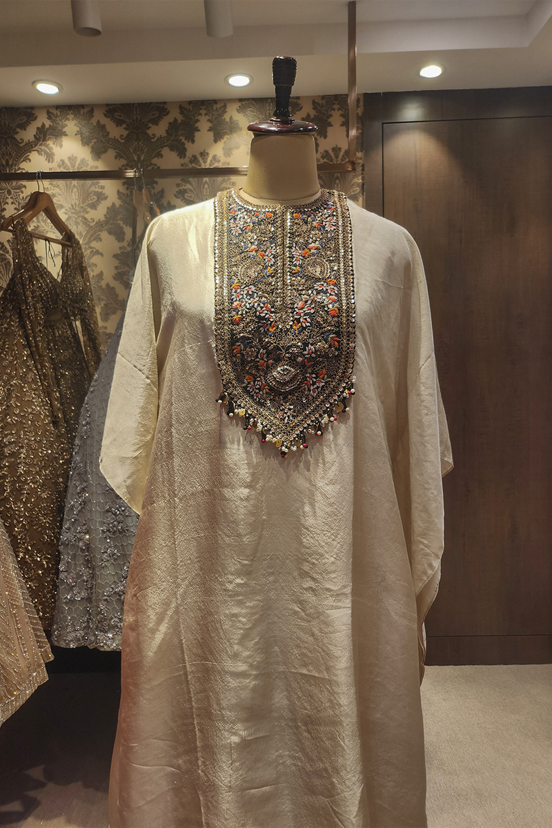 Cream kaftan with draped dhoti set