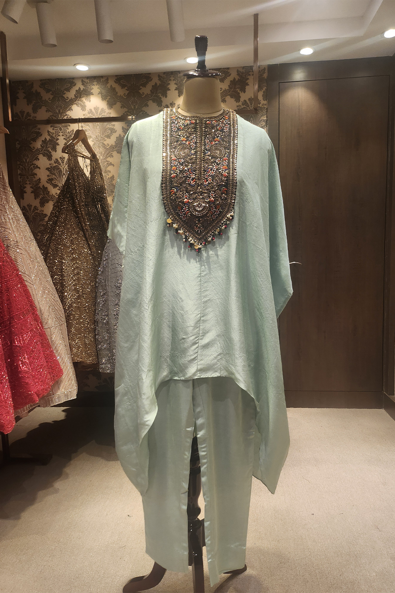 Sea green kaftan with pants set