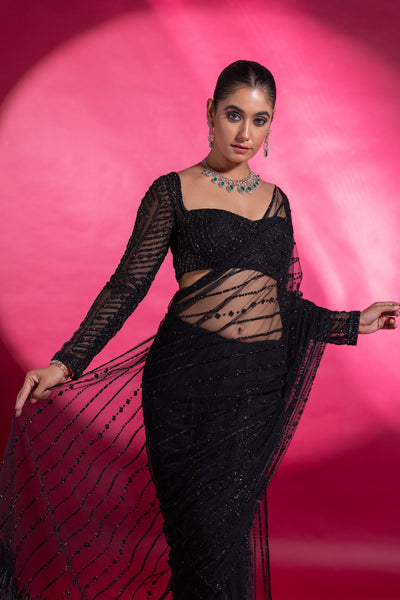 Buy Zehra Black Tulle Saree with Feathers | Rouje Official