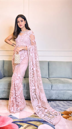 Buy Cassie Powder Pink Embroidered Tulle Saree